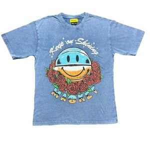 MARKET Smiley Keep On Shining Roses TShirt Blue Mens Large Puffy Graphic Limited